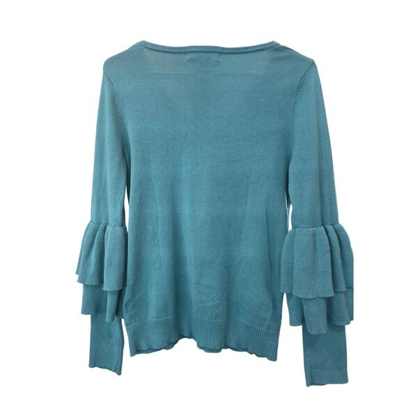 Wendy Williams Blue V Neck Sweater Tiered Bell Sleeve Lightweight Knit Sz M EUC - Picture 3 of 5